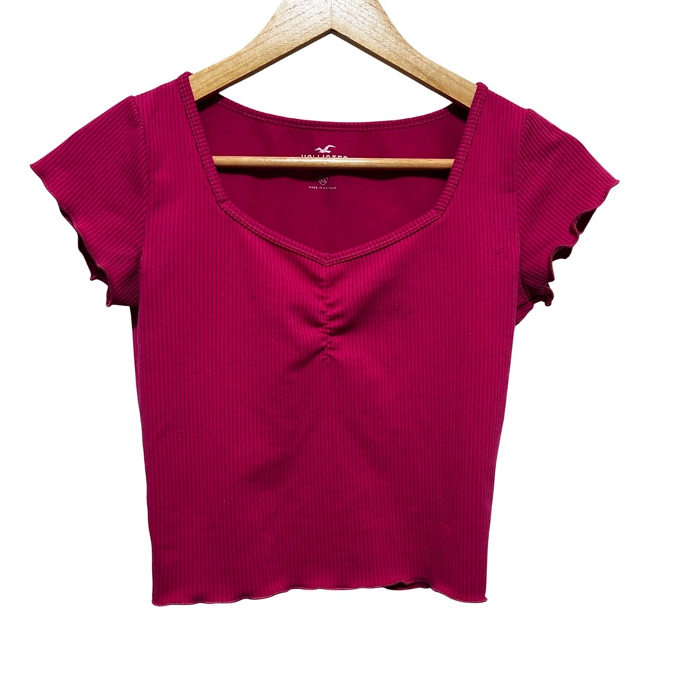 Hollister Womens Ribbed Baby Tee XS Pink Ruchedโ Y2K Fitted Coquette Crop Top